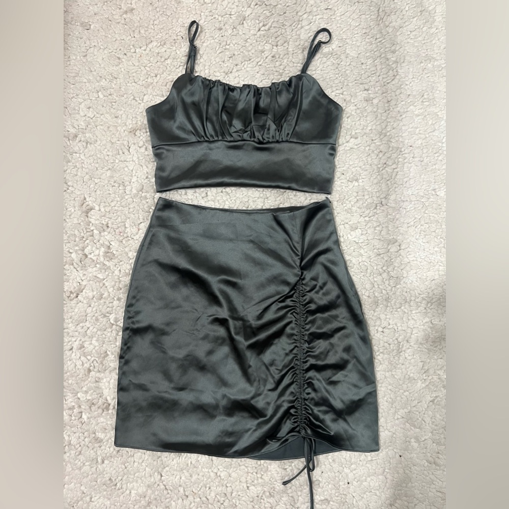 Forever 21 Satin Ruched Top & Skirt Two Piece Set